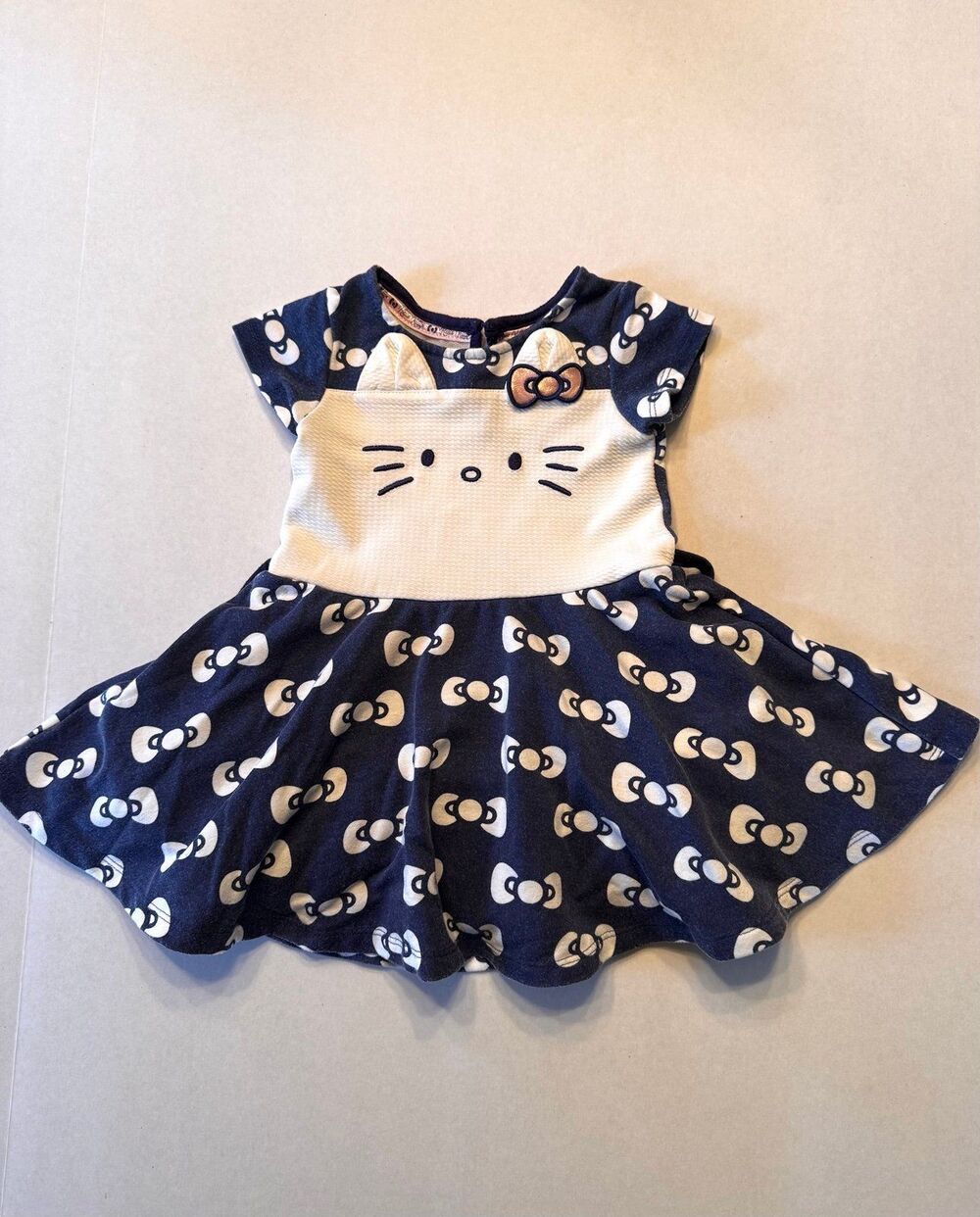 HELLO KITTY Bows Print Kitty Face Girls Blue White A-line Dress Sz 12 M (Bx 14)
